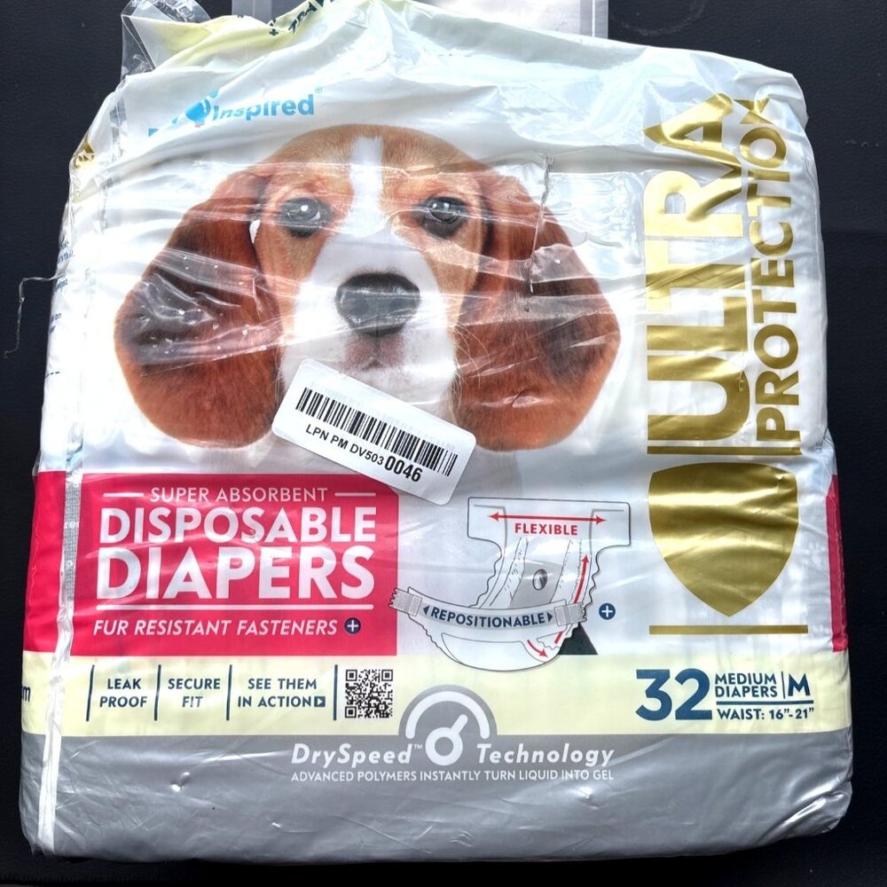 Ultra Protection Disposable Dog Diapers Medium 32 Ct Leak Proof Repositionable F